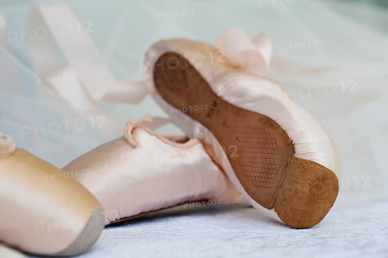 Ballet shoes, pointe shoes, dance shoes covered with satin in light pink colour, leather sole, still life, studio, Germany, Europe