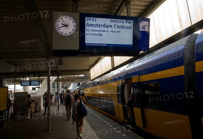 Platform electronic display for Intercity train departure to Amsterdam Centraal, Leiden Central railway station, Netherlands