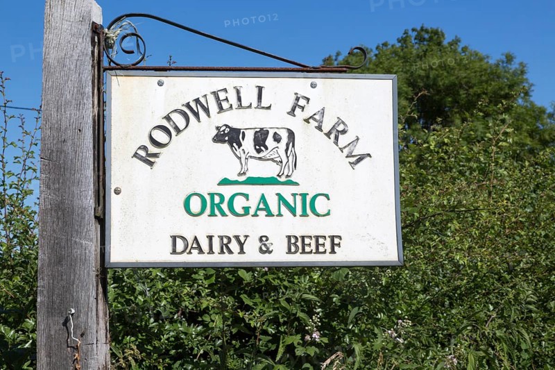 Sign at Rodwell Farm, organic dairy and beef farm, Compton Bassett, near Calne, Wiltshire, England, UK