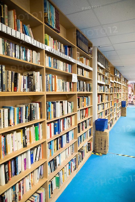 Secondhand books on bookshelves in huge Bookbarn International shop, Hallatrow, near Bristol, England, UK