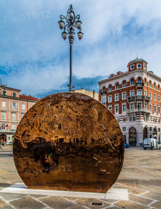Thaler in honour of Maria Theresa weighing 17 tons, Piazza Ponterosso, merchant and residential houses of old families on the Grand Canal in the heart of Borgo Teresiano, Trieste, port city on the Adriatic, Friuli, Italy, Trieste, Friuli, Italy, Europe