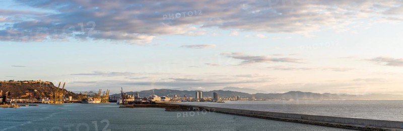 Panorama of of Cruise Ships Terminal and Barcelona at sunrise, Catalonia, Spain, Europe