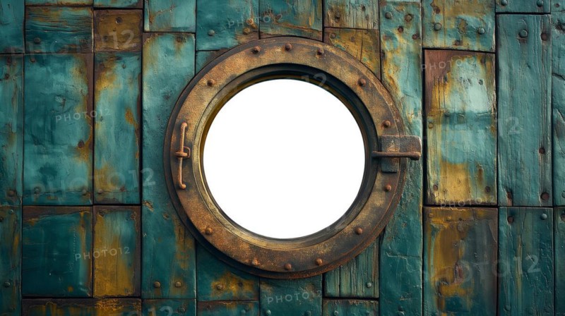 Vintage aged brass ship porthole mounted on a wooden hull with a white background. generative AI, AI generated
