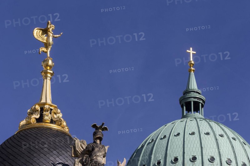 Fortuna portal with sculpture on the top and behind it a cross on the dome of the Nikolaikirche in Potsdam, 22/09/2016
