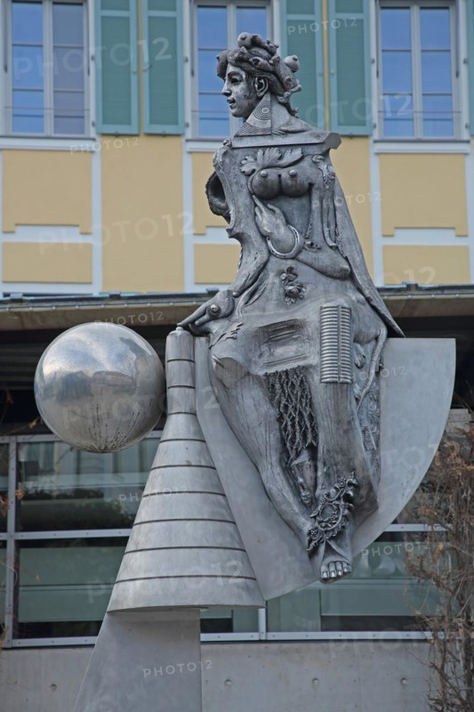 Sculpture Fortuna by Jürgen Goertz 2012, female figure, sitting, sphere, modern, abstract, bizarre, whimsical, grey, bronze, promenade, Ansbach, Middle Franconia, Franconia, Bavaria, Germany, Europe