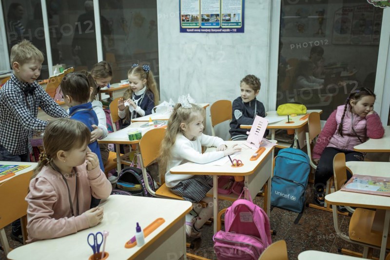 Pupils in a classroom in one of the metro schools in Kharkiv. Classrooms were set up in various metro stations in the city in order to keep classes running even during an air raid, Metro Universytet, Kharkiv, Ukraine, Europe