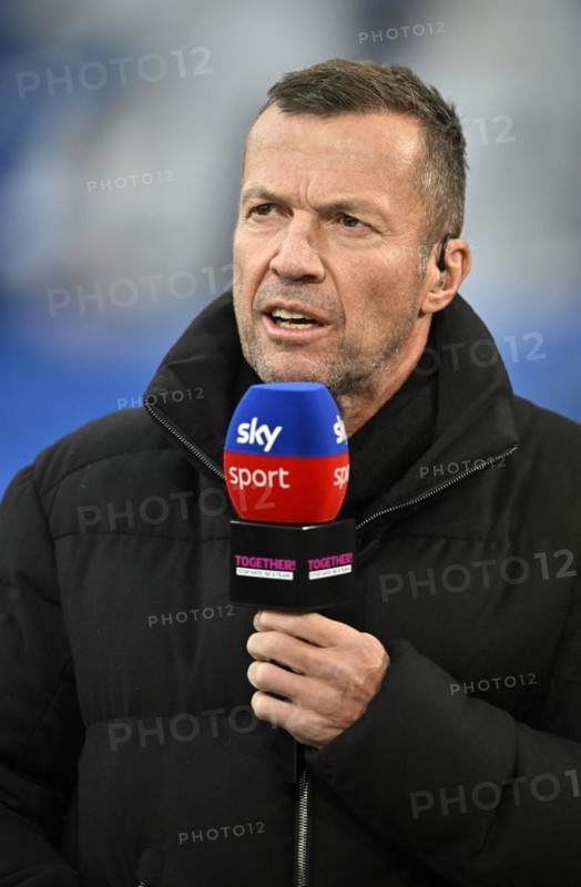 SKY TV expert Lothar Matthäus in an interview, microphone, microphone, logo, PreZero Arena, Sinsheim, Baden-Württemberg, Germany, Europe