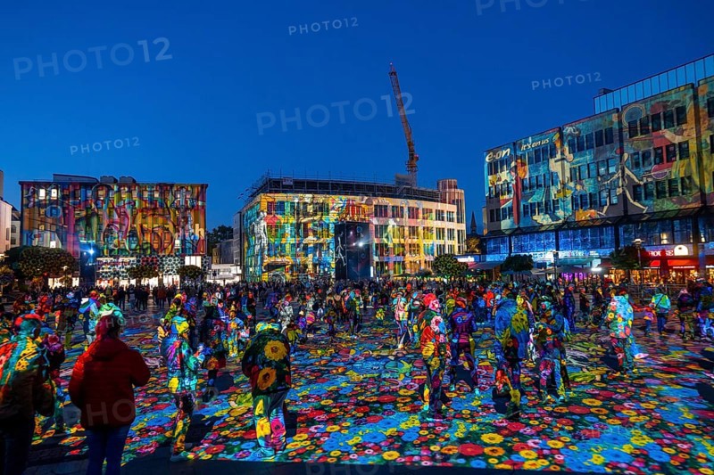 Essen Light Festival, in the city centre, light art on Kennedyplatz, the Berlin artist Daniel Margraf illuminates the large square in the city centre with works of art from the Essen Folkwang Museum, the visitors become part of the pictures that change with every step. North Rhine-Westphalia, Germany, Europe