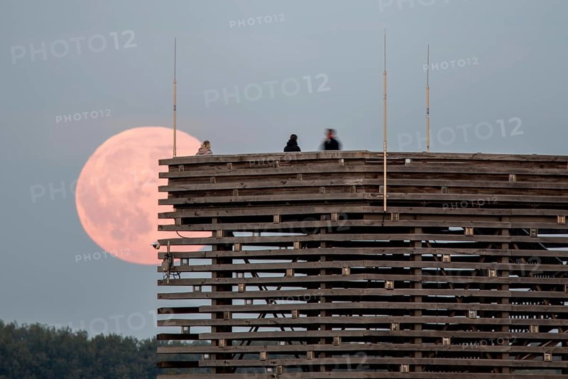 Supermoon rises behind the observation tower of the Ring Shrine Pömmelte, Pömmelte, Saxony-Anhalt, Germany, Europe