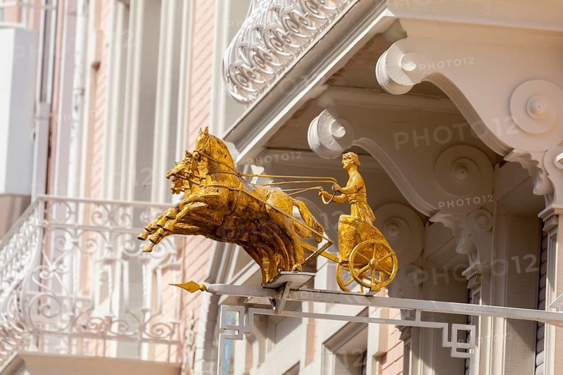 Quadriga as decoration on the façade of the Bockeler confectionery and pastry shop in the Lange Straße pedestrian zone, Baden Baden, Baden-Württemberg, Germany, Europe