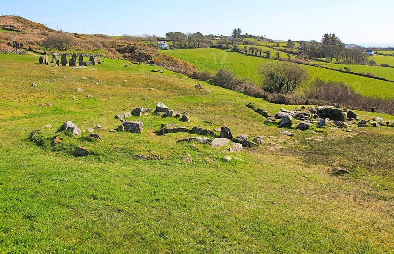Drombeg stone circle, County Cork, Ireland, Irish Republic roundhouse Fulacht fiadh structure in foreground, Europe