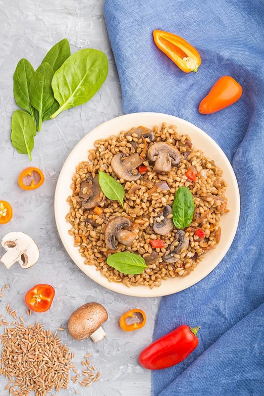 Spelt (dinkel wheat) porridge with vegetables and mushrooms on ceramic plate on a gray concrete background and blue linen textile. Top view, flat lay, close up. Russian traditional cuisine