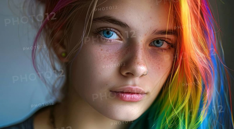 Portrait of a lesbian LGBTQ young lady with colored rainbow hair and piercings, AI generated
