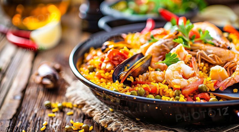Authentic seafood paella senyoret on a wooden table., AI generated
