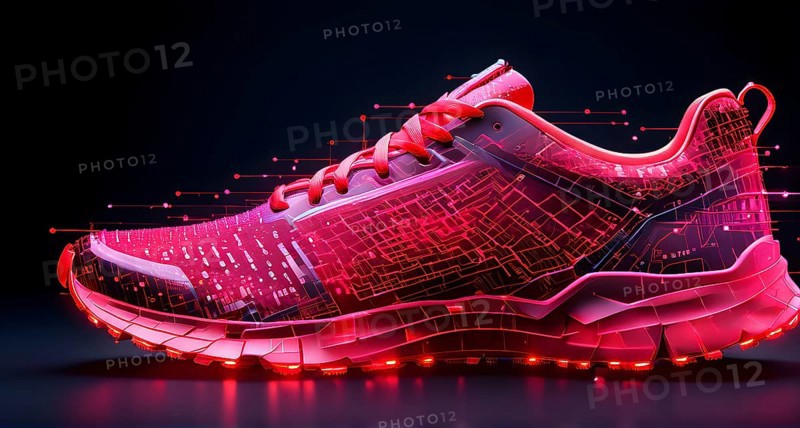 Running shoe, breaking into pixels and data points, morphing into a network of neural nodes, vibrant red hues, AI generated