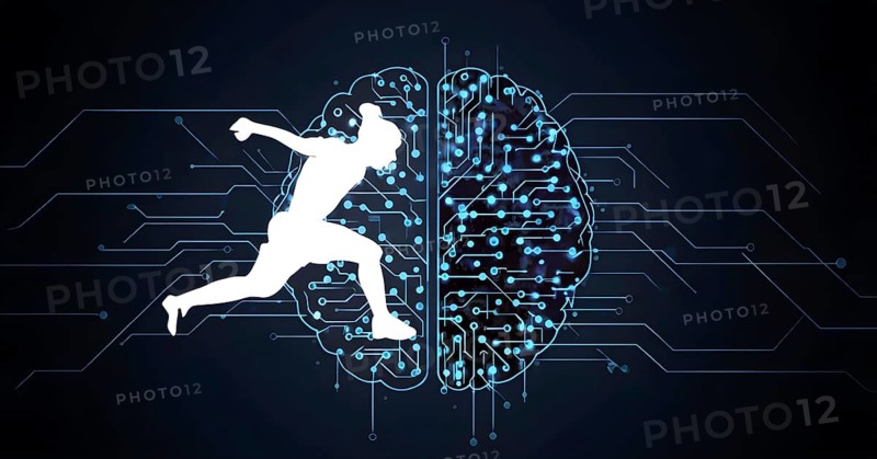 Abstract brain split into two halves, one side athletic motion, the other side neural network, vibrant colors, symbol for artificial intelligence in sport, AI generated