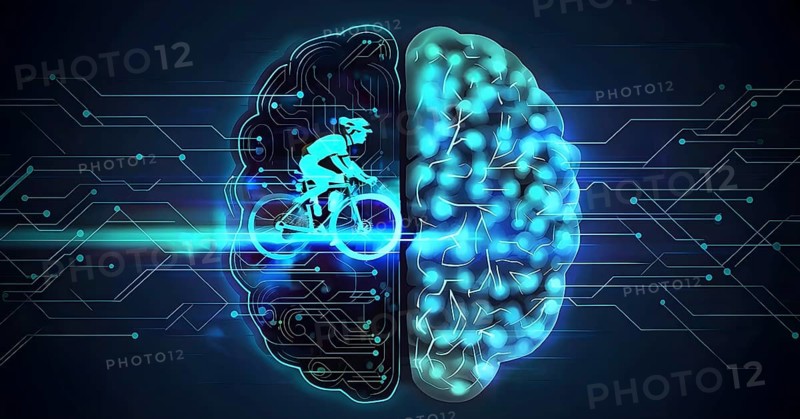 Abstract brain split into two halves, one side athletic motion, the other side neural network, vibrant colors, symbol for artificial intelligence in sport, AI generated