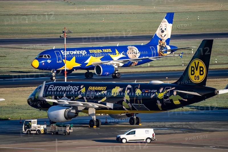 Eurowings Airbus A320, D-ABDQ, Europa-Park, aircraft after landing at Düsseldorf Airport, Eurowings Fanairbus, BVB 09, A-AEWM, main runway 05R/23L, South, DUS, North Rhine-Westphalia, Germany, Europe