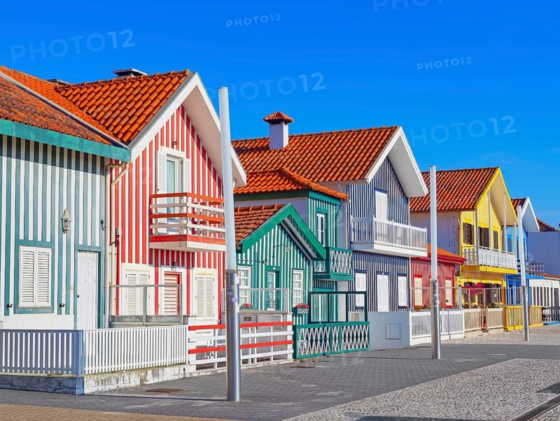 Traditional wooden striped houses, Costa Nova do Prado, Aveiro, Portugal, Europe
