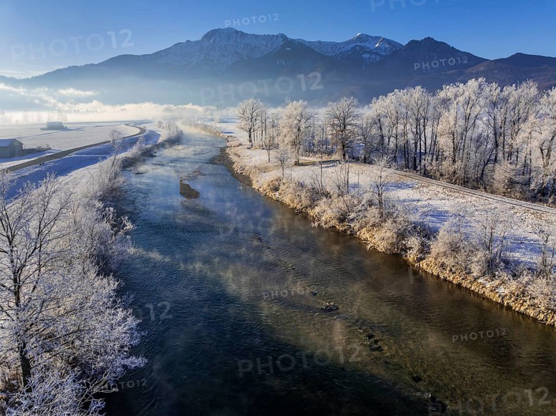 River, morning light, fog, hoarfrost, mountains, winter, snow, aerial view, Loisach, view of Herzogstand, Heimgarten, Alpine foothills, Bavaria, Germany, Europe