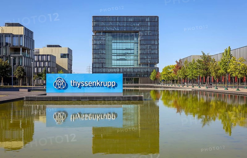 Essen, North Rhine-Westphalia, Germany, ThyssenKrupp, company logo in front of the headquarters. Industrial group specialising in steel processing and Germany's largest steel manufacturer, Europe