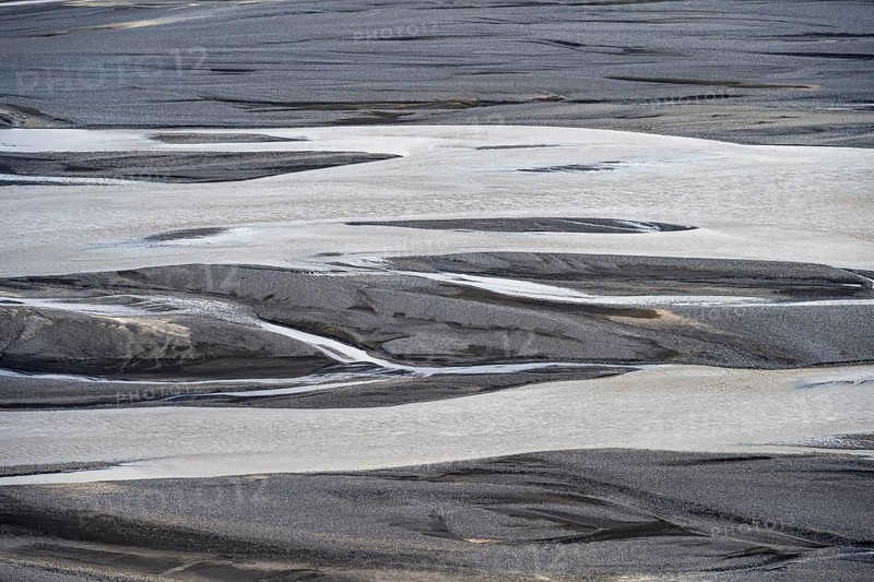 Detail, structure, river course in a gravel bed with black sand, meandering river, Dímonarhellir, Suðurland, Iceland, Europe