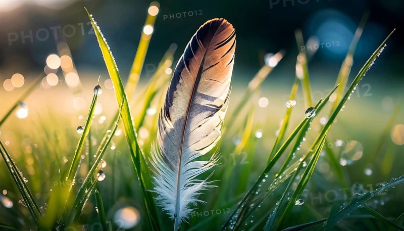 A lone feather resting gently on a dew-covered grassy field, with soft morning light illuminating the delicate details, AI generated
