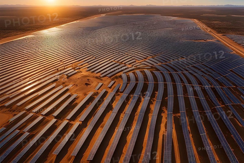 Complex layout of a photovoltaic power plant symmetrically arranged in rows of solar panels, AI generated