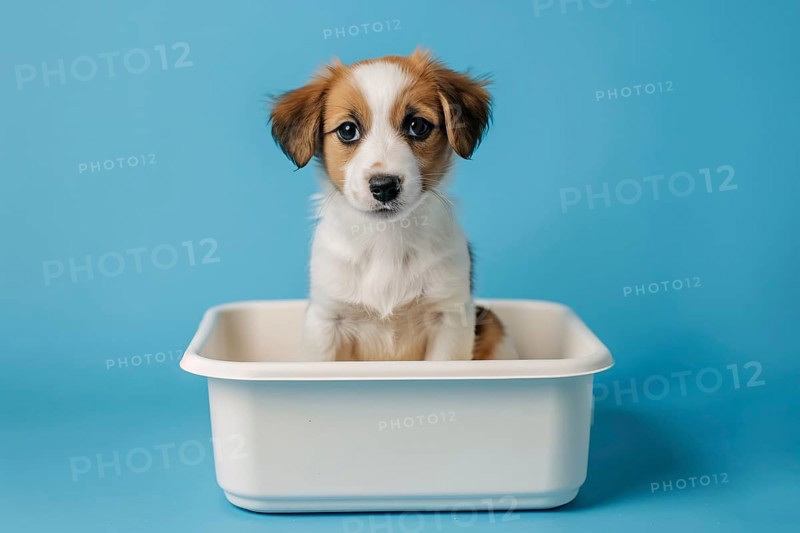 Puppy dog sitting in white litter box. Generative AI, AI generated