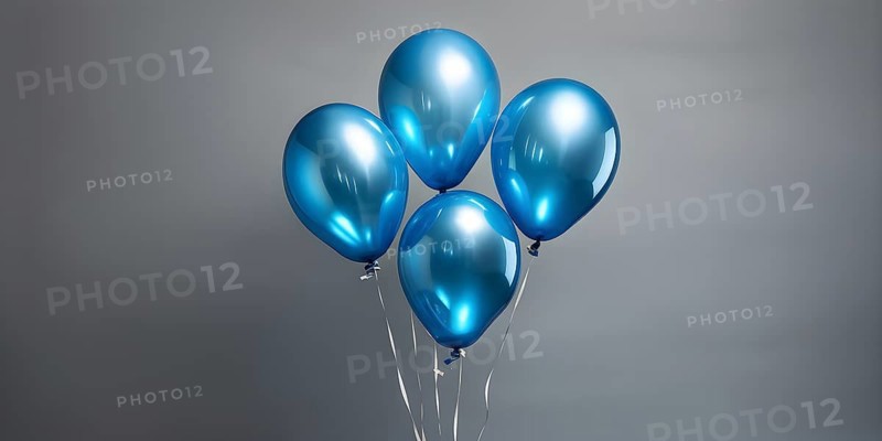 AI generated cluster of blue helium balloons floating against a grey background