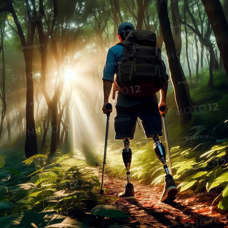 A man with an amputated leg and prosthesis walks through the forest, symbolic image people with disabilities, handicap, healthcare, disease, amputation, AI generated, AI generated