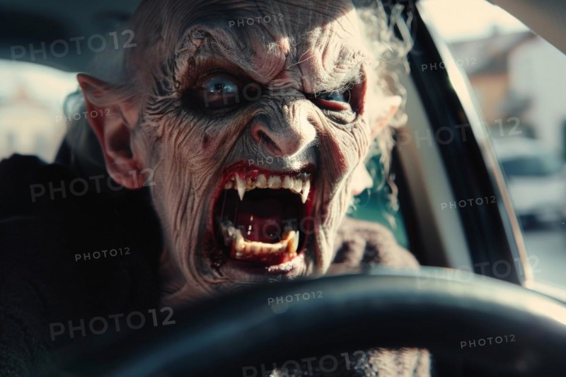 Monster with vampire fangs sits behind the steering wheel, symbolic image for aggressive behaviour in road traffic, AI generated, AI generated, AI generated