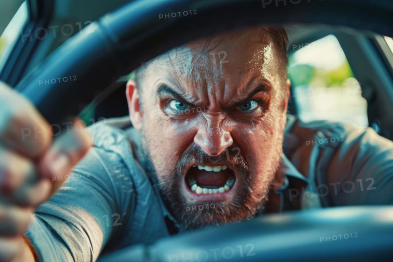 Angry, unnerved, aggressive, screaming man sitting behind the steering wheel, symbolic image for aggressive behaviour in road traffic, AI generated, AI generated, AI generated