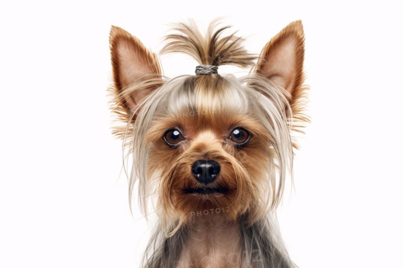 Cute Yorkshire Terrier dog with pigtail hairstyle on white studio background. KI generiert, generiert AI generated