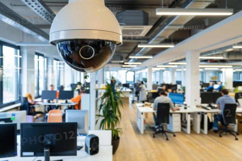 A surveillance camera, CCTV, in an open-plan office, office building, AI generated, AI generated, AI generated