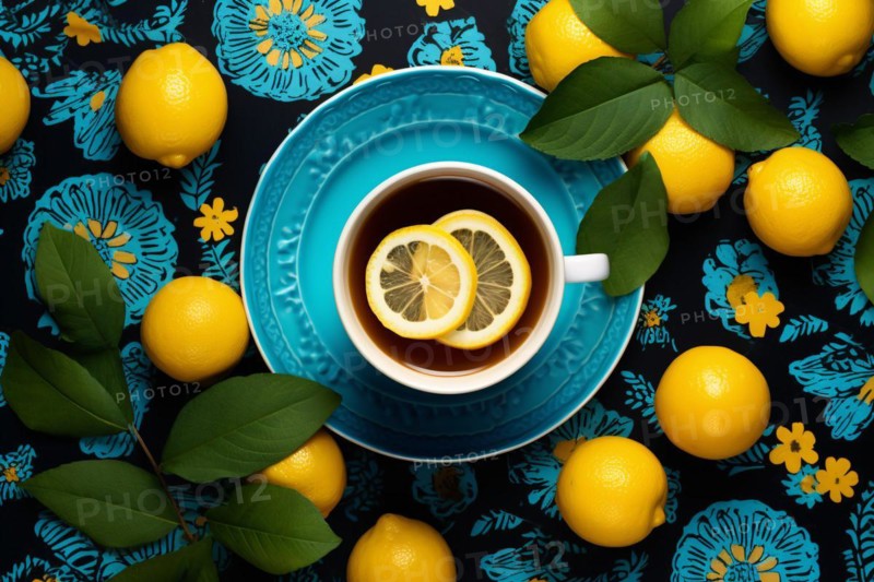 Top view of cup of lemon tea surrounded by fruits. KI generiert, generiert, AI generated