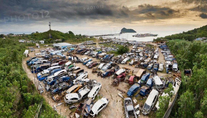 Symbolism, large junkyard with wrecked cars, scrap cars, scrap metal, AI-generated, AI-generated, AI generated