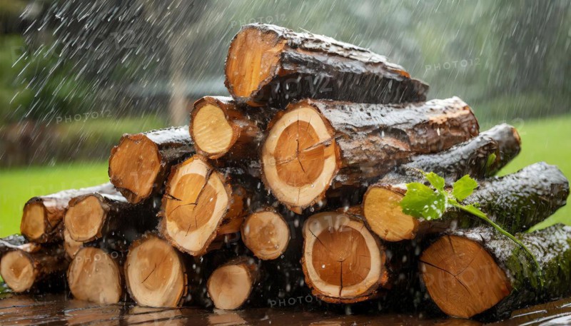 Forestry, timber industry, logs for firewood lying in the rain, AI generated, AI generated