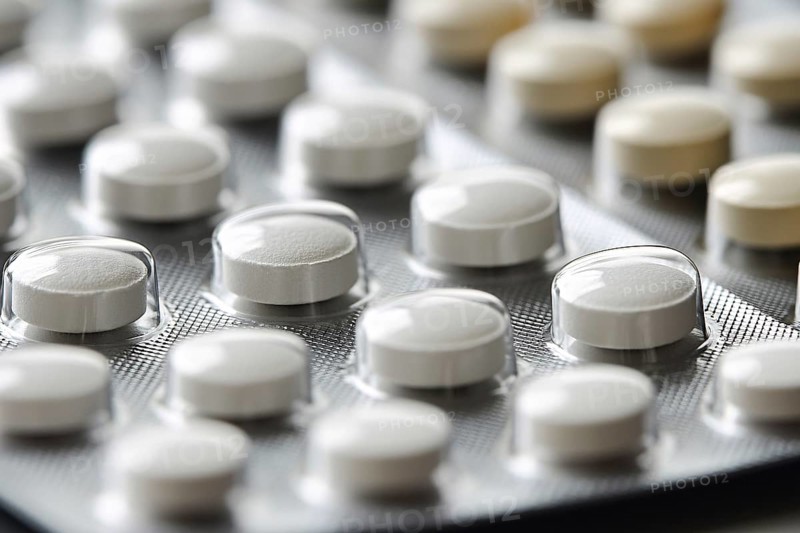 Close up of white medical pills in blister pack. Generative Ai, AI generated