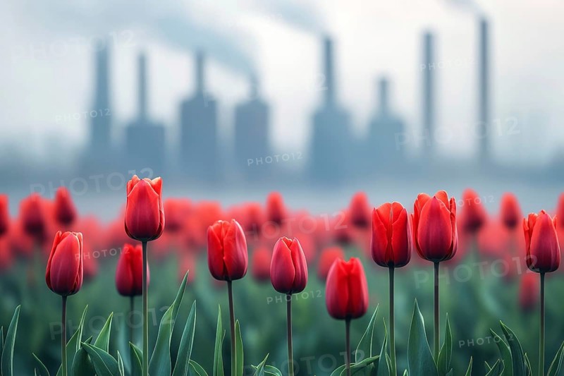 Field with red tulip flowers and factory with grey fumes in background. Generative Ai, AI generated