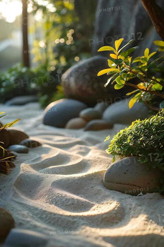 Zen garden bathed in the soft glow of dawn as a serene symbol for relaxation, AI generated