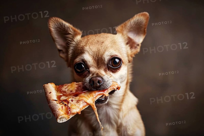 Small Chihuahua dog holding slice of pizza in mouth in front of studio background. Generative Ai, AI generated