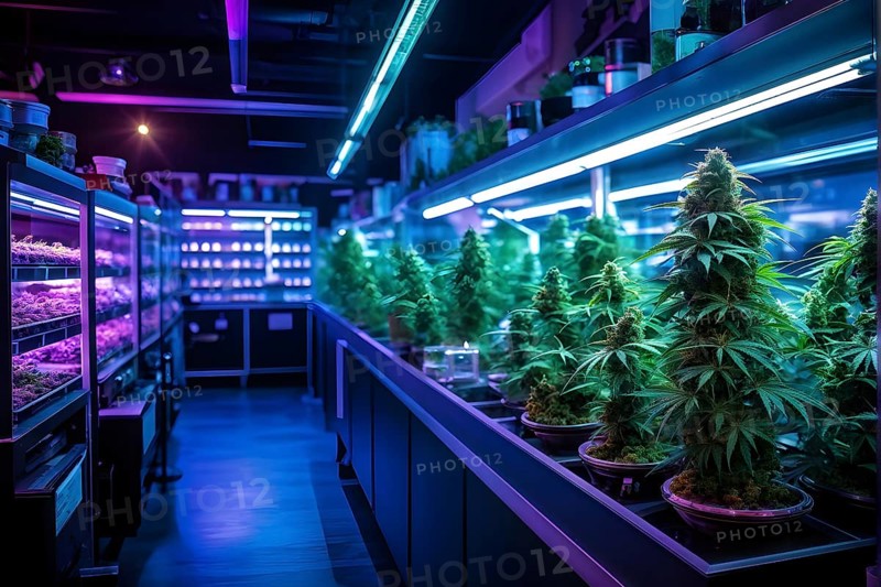 Cannabis dispensary interior with varieties of cannabis plants densely packed, AI generated