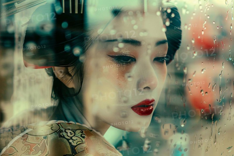 Asian woman with Japanese Geisha style white face makeup and hairstyle behind glass window with rain drops. KI generiert, generiert, AI generated