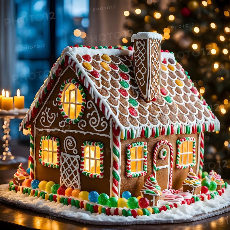 Gingerbread house decorations, focusing on the intricate icing details, colorful candy, and soft, warm light creating a cozy festive ambiance, AI generated