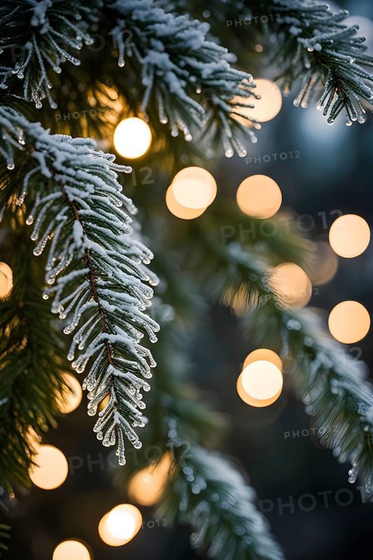 Detailed shot of frosted pine branches with twinkling fairy lights and icicles hanging, creating a sparkling wintery effect, AI generated