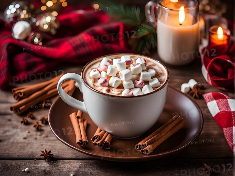A close-up of a steaming cup of hot cocoa topped with marshmallows, surrounded by cinnamon sticks, candy canes, and a plaid blanket, evoking a warm, festive feel, AI generated