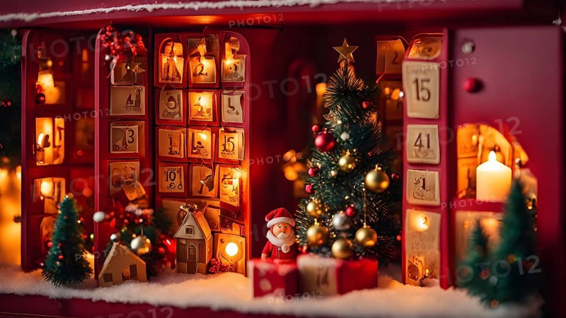 Traditional advent calendar door opening, showing a tiny festive scene inside with miniature decorations, AI generated