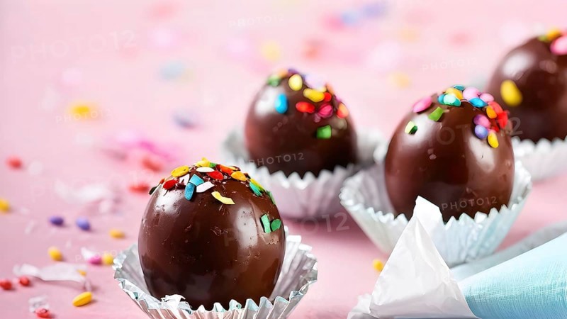 Small chocolate Easter eggs wrapped in shiny foil, placed on a bed of shredded pastel-colored paper, AI generated