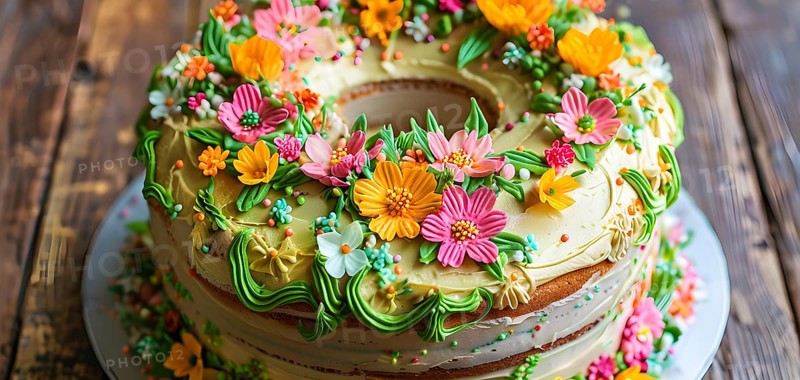 Decorated Easter cake with intricate icing flowers and colorful sprinkles, placed on a rustic wooden table, AI generated